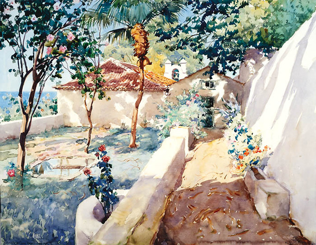 Jardín interior de la Hacienda de los Principes, Los Realejos, Tenerife. Acuarela de Francisco Bonnin