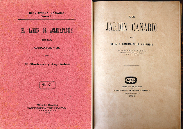 Izquierda: Portada de un artículo sobre el Jardín de Aclimatación de La Orotava de Ramón Masferrer y Arquimbau (1911). Derecha: Descripción de un jardín virtual por Domingo Bello y Espinosa (1880).