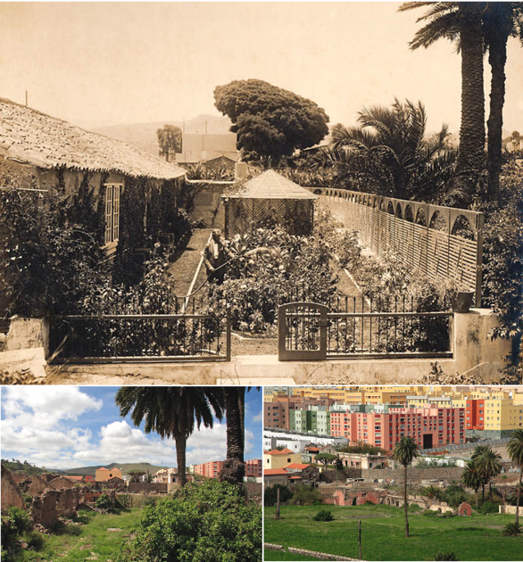 Evolución de los jardines de la finca de la Mayordomía, Tamaraceite, Gran Canaria. Arriba: En pleno esplendor, primera mitad del siglo XX. Abajo: Abandono total, acosados por el desarrollo urbanístico.