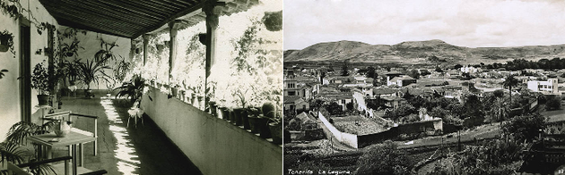 Izquierda: Galería ''ajardinada'' en la Quinta Roja (San Pedro, Garachico, Tenerife). Derecha: Limite sur de la ciudad de La Laguna, al principio del siglo XX, donde aún perviven algunas huertas amuralladas tal y como las dibujó Torriani alrededor de 1590.