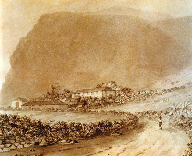 La desaparecida Hacienda de Daute, Los Silos, Tenerife, lugar histórico donde se reunió la Tertulia de Nava. Alfred Diston, dibujo a sepia y lápiz, 23 x 19 cm