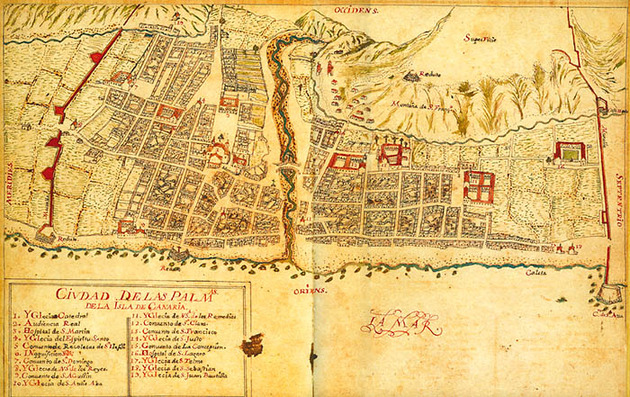 Plano de Las Palmas de Gran Canaria según Pedro Agustín del Castillo (1686).