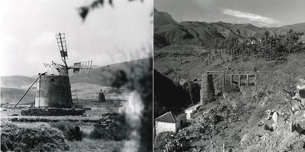 Izquierda: Molino de viento. Derecha: Molino de agua de Los Carzorla reconstrudo en los inicios del siglo XX. Barranco de Fataga, junto al casero del mismo nombre. (fotos: Francisco Rojas Fariña).