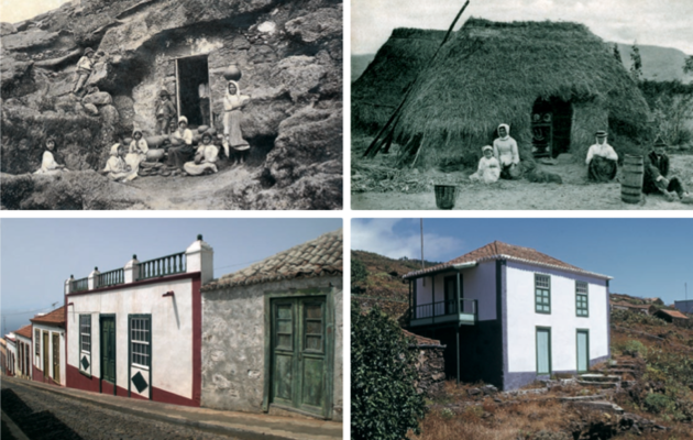 Diversas tipologías de viviendas populares. De izquierda a derecha y de arriba abajo: Casa cueva, Atalaya de Santa Brígida, Gran Canaria (foto: FEDAC); casa pajiza, Tenerife; diversas viviendas de una planta de diferentes épocas e influencias en su construcción, Garafía, La Palma; vivienda de dos plantas con una fachada donde se distribuyen los huecos de forma regular y con balcón lateral cubierto, La Palma (foto: Antonio Manuel Díaz Rodríguez).