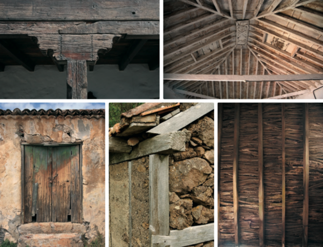 La madera y su aplicación en la construcción. De izquierda a derecha y de arriba abajo: Zapata; armaduras de par e hileras; puerta; entramado de pared y techo plano de vigas y astillas de madera.