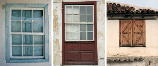 Diversas tipologías de ventanas. De izquierda a derecha y de arriba abajo: Ventana de guillotina; ventana de guillotina con cuarterones; ventana de corredera; ventanillo corredera; ventana de celosía; el resto son diversas variantes de ventanas de cuarterones.