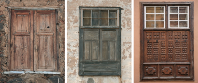 Diversas tipologías de ventanas. De izquierda a derecha y de arriba abajo: Ventana de guillotina; ventana de guillotina con cuarterones; ventana de corredera; ventanillo corredera; ventana de celosía; el resto son diversas variantes de ventanas de cuarterones.