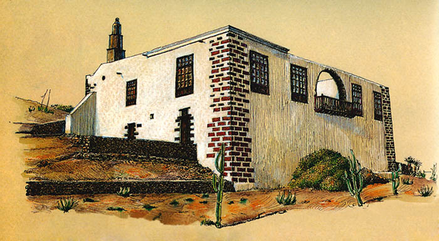 Vivienda de alto y bajo con patio central, arco de cantería y balconada. Las principales estancias están ubicadas en el piso superior. Casa del Mayor Guerra, San Bartolomé, Lanzarote (dibujo: Santiago Alemán, en Tesoros de la isla. Cabildo de Lanzarote, Arrecife, 2000).
