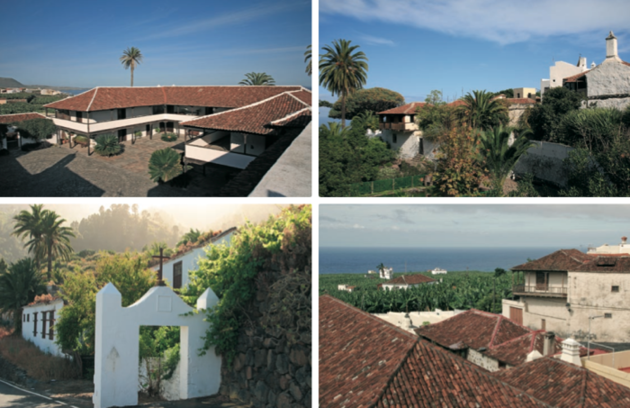 De izquierda a derecha y de arriba a abajo: La Quinta Roja, Garachico, Tenerife; Casa de la Inquisición, Icod de los Vinos, Tenerife; Casa en el pago de Las Nieves, Santa Cruz de La Palma; Vista de Tazacorte, La Palma.