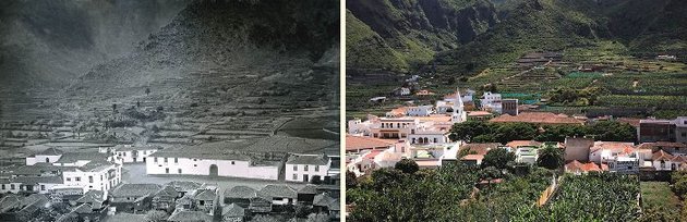 La expansión urbana reciente de los asentamientos rurales a menudo se produce sobre los suelos fértiles que constituían su razón de ser original. Existen casos, sin embargo, donde se mantiene la trama agraria del entorno. Izquierda: Los Silos, Tenerife, a finales del siglo XIX (foto: Centro de Fotografía Isla de Tenerife). Derecha: Los Silos en el año 2008.