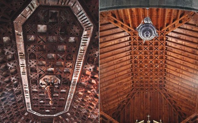 Derecha: Artesonados perteneciente a una casona de la isla baja, en el norte de Tenerife. Izquierda: R�plica de artesonados mud�jares, siglo XXI.
