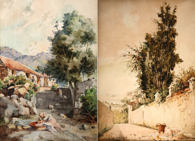 Izquierda: Casa de Campo. Derecha: Tapia de una huerta. Manuel Glz. Méndez. Acuarelas