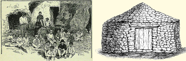 Izquierda: Habitantes de una cueva. E.H.Fitchew. Derecha: Casa de piedra seca de los antiguos canarios. R.Verneau