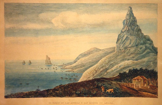 El Roque de las ánimas y los Roques de Anaga. Acuarela de Alejandro de Ossuna y Savi駉n